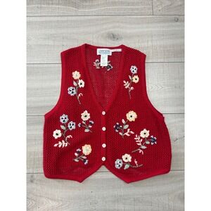 Vintage Red Floral Hand Embroidered Mesh Knit Vest Cottagecore Grandpa XL